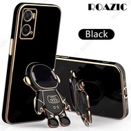 ROAZIC For OPPO A76 A96 4G Phone Case With Astronaut Holder Straight Plating Edge Casing Soft Silicone Stand Back Cover
