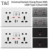 Universal Wall Socket With Usb-c And Usb Charger, 2 Gang Power Outlet With Switches, Flush Mount Ac 