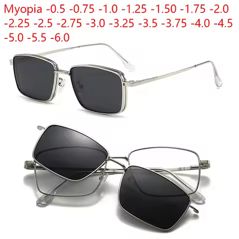 Myopia Prescription Small Metal Square Frame Glasses Polarized Clips Square Stainles Steel Frame -0.