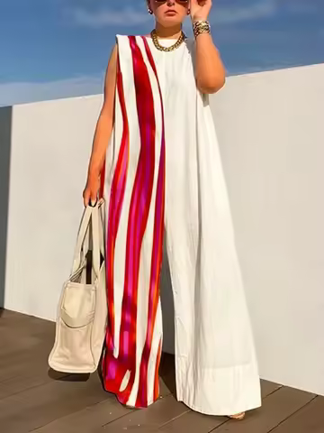 UOOZEE Women Striped Printed Sleeveless Wide Leg Jumpsuits 2025 New Summer Casual Fashion Loose Stre