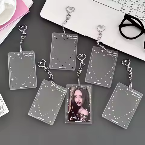 Acrylic Photocard Holder Heart Star Pattern With Keychain Photo Card Protector 3-inch Kpop Idol Card