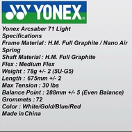 ASAL YONEX ARCSABER 71 RAKET RINGAN TALIAN PERCUMA (MAX 30LBS) RAKET BADMINTON 5U RAKET BADMINTON YO