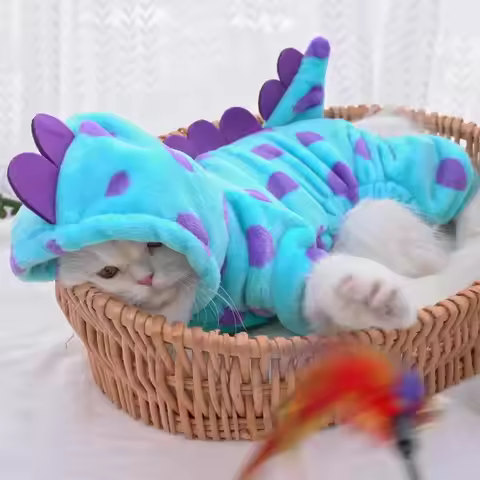 Dinosaur Plush Costume for Cats & Dogs, Winter Flannel 4-Leg Pet Jumpsuit, Cute Animal Cosplay Outfi