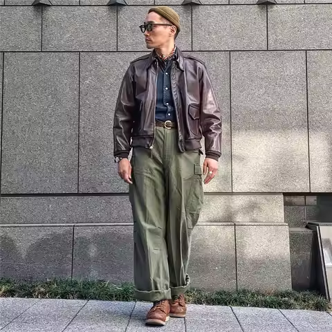 Japanese Style Workwear Leather Jacket Men's Outerwear Retro A-2 Pilot Biker Coat Autumn Winter Moto