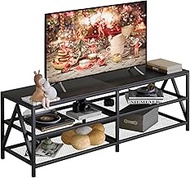 Katrawu TV Stand for 60 65 Inch TV, Long 55" Entertainment Center 3-Tier TV Console Steel Frame Industrial Style TV Cabinet with Metal Frame for Living Room, Black