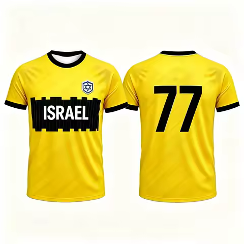 Yellow Diagonal Striped Israel Football Jersey, Quick Dry Sports Soccer Tee With Number 77