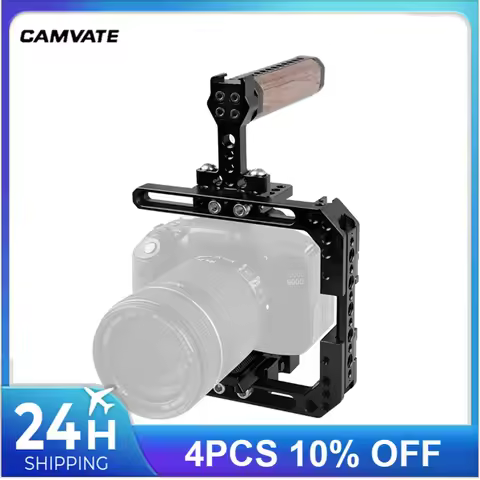 CAMVATE Universal Camera Cage Rig With Manfrotto Quick Release Baseplate & Wooden Top Handle For Can