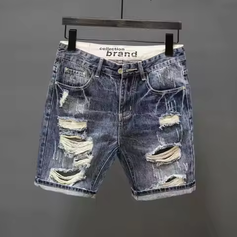 Summer Washed Denim Shorts Men's Loose plus Size Youth Trendy INS Cuffed Shorts Casual Low Waist Zip