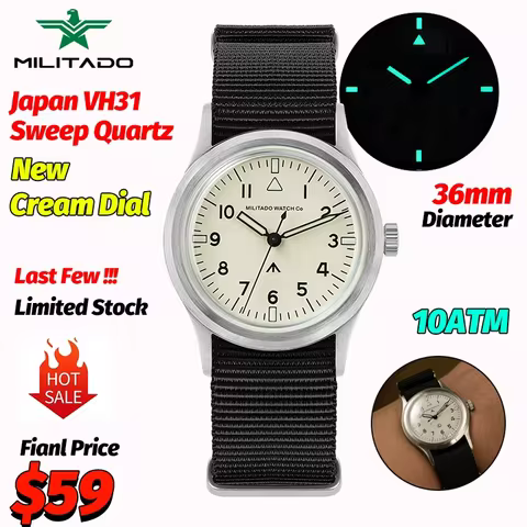 Militado ML14 Quartz Watches Cream Dial Limited Stock VH31 Sweep Seconds K1/Sapphire Waterproof 100M