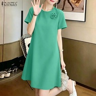 ZANZEA Korean Style Women Summer O Neck Short Sleeve Dresses 3D Floral Knee Length Plain Dress #0622