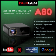 NEXGEN A80 All-in-One Smart Projector 2025 Android 11 4K Resolution 1200 ANSI Lumens 300" Large Scre