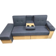 找得 - 梳化床日式布藝可折疊帶茶機客廳小戶型梳化sofa bed 3008(粗麻25藍色布藝海棉）