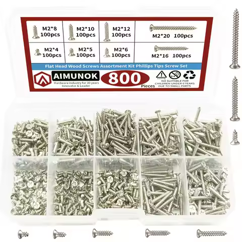 800pcs M2x4 M2x5 M2x6 M2x8 M2x10 M2x12 M2x16 Flat Head Wood Screws Assortment kit Phillips Tips Scre