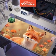 Cute Fluffy Red Fox with Closed Eyes Smiling Warm Bokeh Orange Wildflowers Extended Gaming Mouse Pad