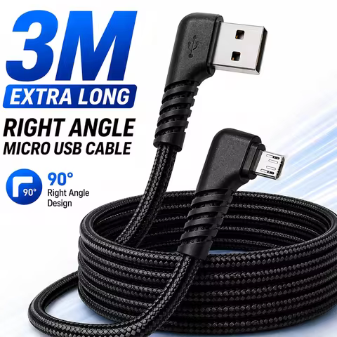 Right Angle Micro USB Cable 3M Extra Long, 3A Fast Charging Braided Charger for PS4 DualShock 4, Spe