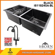 I-BORN Double Bowl Kitchen Sink IB118245A-BL (Black) Stainless Steel SUS304 Under Top Mounted Water 
