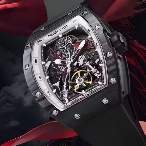 BONEST GATTI Men Automatic Watch Tonneau Mechanical Wristwatch Carbon Fiber Luminous Warrior Dial Sa