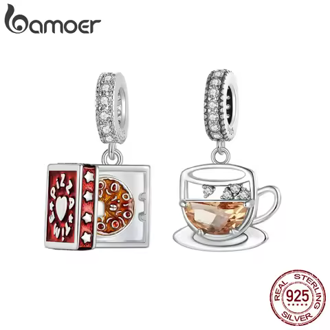 BAMOER 925 Sterling Silver Funny Pizza/Coffee Pendant Charm fit for Charm Bracelet DIY Jewelry Makin