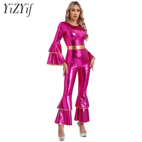 Womens Disco Costume Shiny Metallic 70s 80s Prom Sparkle Jumpsuit Bell Bottom Hippie Halloween Party