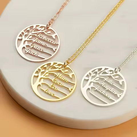 Custom Tree of Life Necklace for Women Stainless Steel Family 1-4 Names Round Pendant Necklaces Jewe