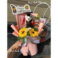 GRADUATION WIFE SET BOUQUET OF 2 SUNFLOWERS WITH BEAR,BANER, H3 BELT BAG, CARD, LIGHT IN CLASSIFICAT