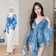 Glamorous Blouse Tie Dye Contrast Mesh Front Frill Blouse for Women L106AD939