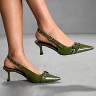 1 Pair Olive Green Pointed Toe Stiletto Buckle Strap High Heel Sandals, Chic And Mature Style, With 