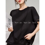 ชุดฤดูร้อนสีดำลูกไม้เปิดหลังทรงเอผ้าโพลีเอสเตอร์คอวีแขนสั้นสไตล์ลำลองสำหรับผู้หญิงวัย 25-35 ปี Plum 