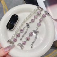 Pink Heart-shaped Diamond Pearl Chain Strap For xiaomi NFC 10 9 8 Pro 7 6 5 Sweet Girl Metal Stretch