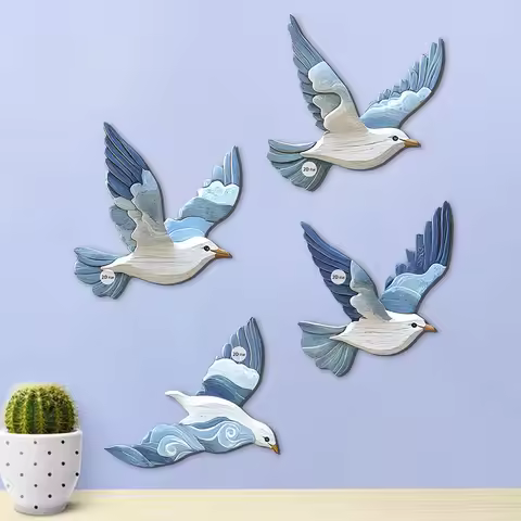 4Pcs Flying Seagull Wall Sign Set, Nautical Beach House Wooden Wall Decor