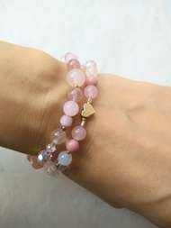 【心靈. 小寶物】 24K鍍金心型 粉晶 草莓晶 粉玉髓 紅紋石  手鍊