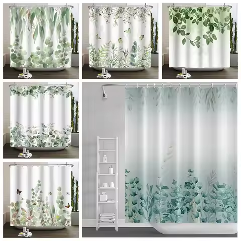 Green Eucalyptus Leaves Shower Curtains Watercolor Boho Floral Waterproof Morden Bathroom Bathtub Cu