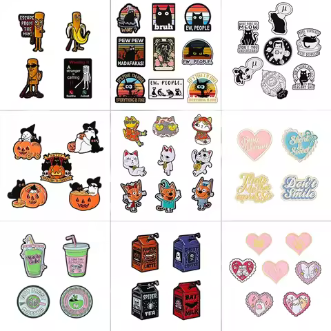 2-9PCS/SET Comedy Anime Movies Character Brooch Enamel Pins Cute Lucky Cat Christmas Dog Black Cat B