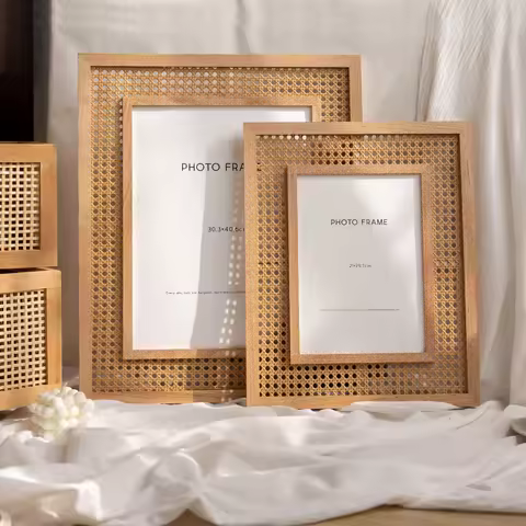 5x7 in Boho Rattan Picture Frame with Wooden Border, Wall Photo Frames for Family Photo Gifts Rattan