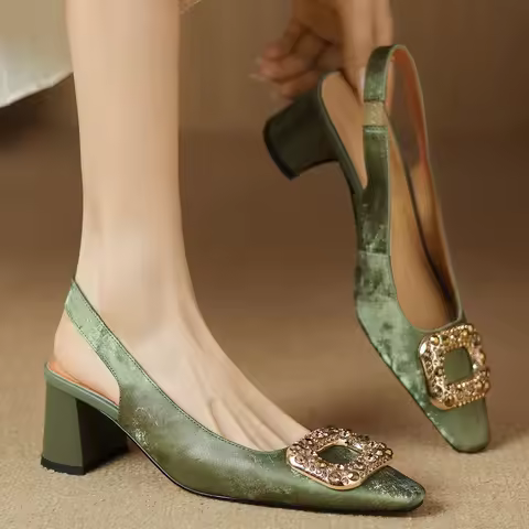 Women's genuine leather 5.5cm thick med heel pointed toe summer pumps crystal buckle elegant lades O