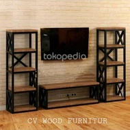 meja rak tv kayu frame besi model industrial