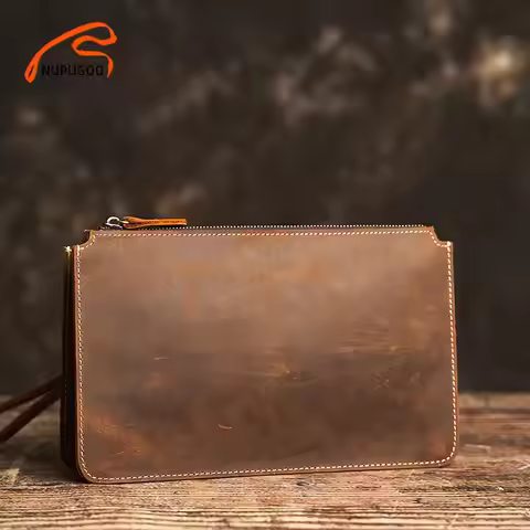 NUPUGOO Men's Clutch Genuine Leather Envelope Bag Cell Phone Large Capacity Casual Large Capacity Cl