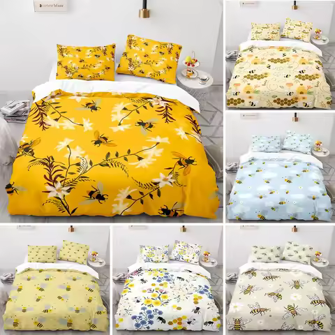 Honey Bee Duvet Cover Set, Black White Printing 3 Piece Bedding Set, Twin/Full/Queen/King Size Crown