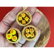Handmade Miniature Set Dim Sum In bamboo basket, Har Gao, BBQ Bao. Siew Mai, Egg tart, Bakkwa Pao, Chicken Feet, clay