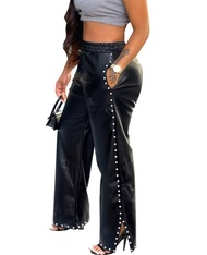 Women's Wide Leg Faux Leather Pants Rivets Pearls Elastic Waist Beggy Trousers with Pockets