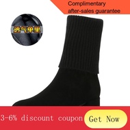 YQ62 2023New Elastic Middle Boots Knitted Frosted Women's Ankle Boots Dr. Martens Boots Leather Chunky Heel Pointed plus