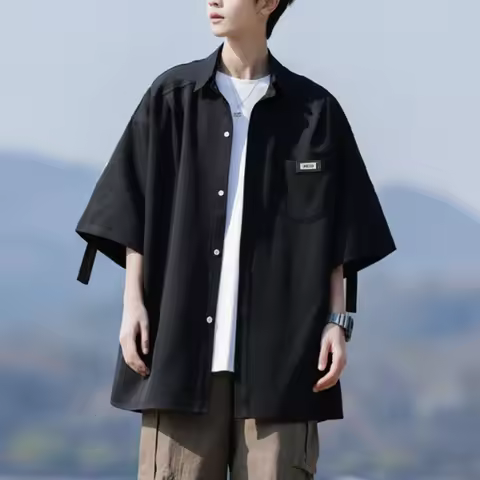 Mens Lapel Collar Chest Pocket Ribbon Decor Oversized Loose Fit Short Sleeve Button Shirt