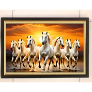 Wall decoration painting print 7 white horses plus frame size 65cm, 35cm