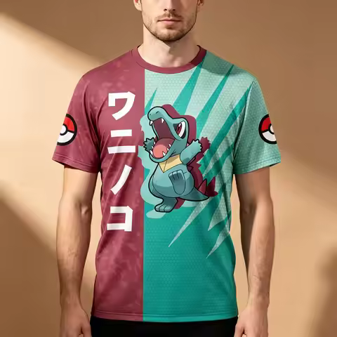 Men's Pokemon Totodile Split Color Full Print T-Shirt, Burgundy Teal Anime Japanese Kanji Casual Sho