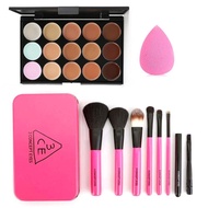 BEU 15 Colors Foundation Cream Concealer and 3CE Cosmetic Brush with Makeup Sponge Puff Set
