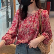 S-3XL~Round neck Chiffon blouse women blouse Korean style woman shirt baju kembang blause wanita floral blouse women long sleeve blouse baju muslimah