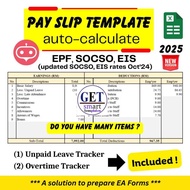 Payslip for Many items, OT Tracker, Unpaid Leave Tracker, Auto-fill EPF, SOCSO, EIS, Excel Template