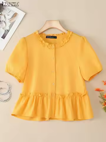 2025 Summer Blouse ZANZEA Stylish Ruffled Work Shirt Women Short Sleeve Buttons Tops Casual Solid Ho
