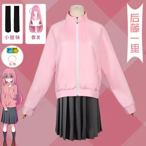 Just Saiyani Cosplay Bocchi The Rock Gotou Hitori Cosplay Costume JK Uniform Pink Jacket Skirt Wig S