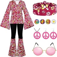 17Pcs 60s 70s Outfits for Women Hippie Costume Set Disco Outfit Dress Boho Flared Pants Hippie Shirt